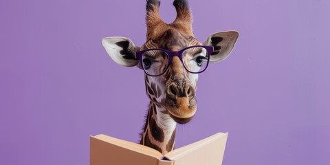 Wall Mural - Giraffe with glasses reads a book on a purple background with space for text.	
