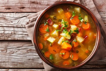 Poster - Top down view of bowl of autumn vegetable soup with fried bacon on table