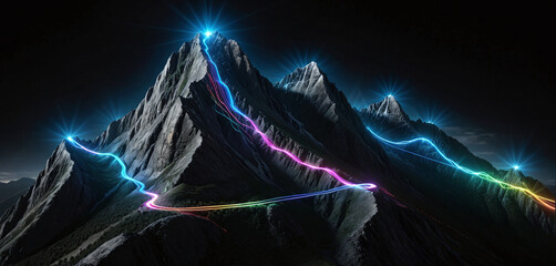 Wall Mural - brightly colored hiking trail and the route of the ascent winds over a mountain and reaches the top 