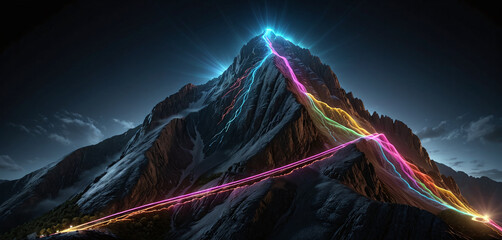 Wall Mural - brightly colored hiking trail and the route of the ascent winds over a mountain and reaches the top 