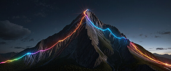 Wall Mural - brightly colored hiking trail and the route of the ascent winds over a mountain and reaches the top 