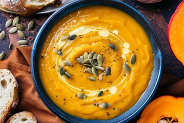 Wall Mural - Top view of bowl of pumpkin and apple soup topped with seeds served with bread on table