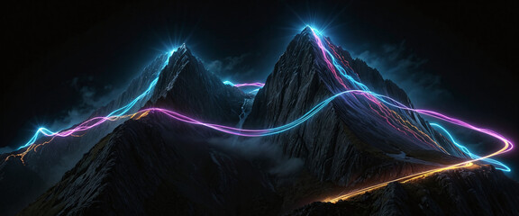 Wall Mural - brightly colored hiking trail and the route of the ascent winds over a mountain and reaches the top 