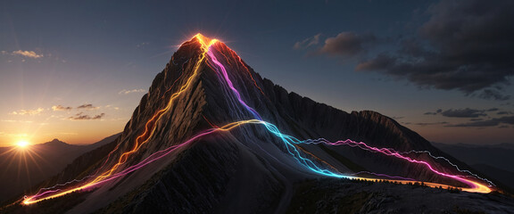 Wall Mural - brightly colored hiking trail and the route of the ascent winds over a mountain and reaches the top 