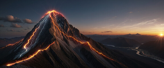 Wall Mural - brightly colored hiking trail and the route of the ascent winds over a mountain and reaches the top 