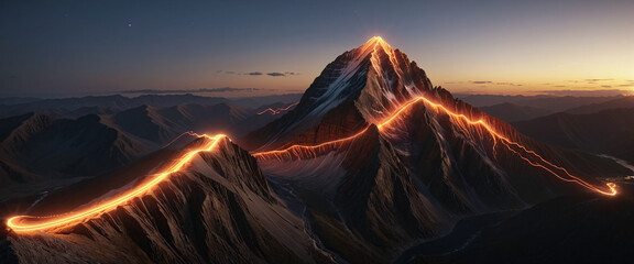 Wall Mural - brightly colored hiking trail and the route of the ascent winds over a mountain and reaches the top 