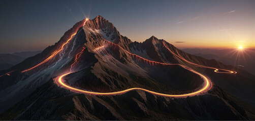 Wall Mural - brightly colored hiking trail and the route of the ascent winds over a mountain and reaches the top 