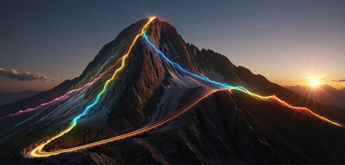 Wall Mural - brightly colored hiking trail and the route of the ascent winds over a mountain and reaches the top 