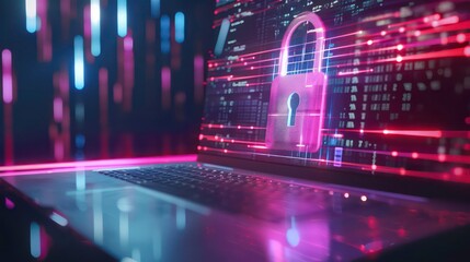 Poster - Laptop with virtual padlock, concept of data privacy, network security, privacy protection. Generative AI