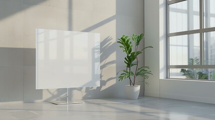 Wall Mural - The image is a 3D rendering of a blank white frosted glass display stand in a modern office space. There is a potted plant next to it.