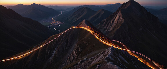 Wall Mural - brightly colored hiking trail and the route of the ascent winds over a mountain and reaches the top 
