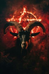 Wall Mural - A goat stands in front of a bright red background, its large horns prominently displayed