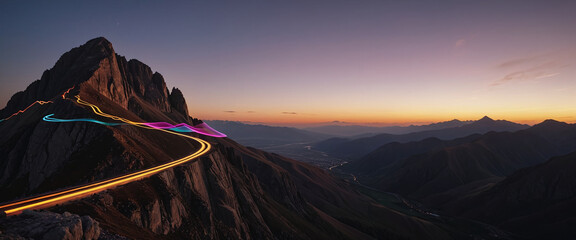 Wall Mural - brightly colored hiking trail and the route of the ascent winds over a mountain and reaches the top 