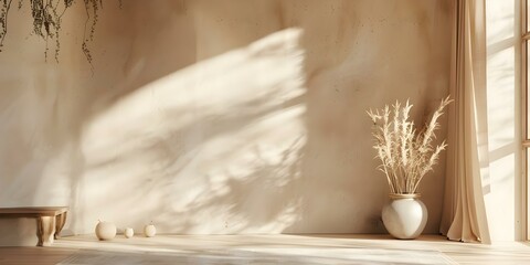 Wall Mural - Boho room with empty beige wall mockup and natural daylight window. Concept Boho Room, Beige Wall Mockup, Natural Daylight Window