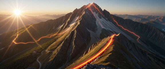 Wall Mural - brightly colored hiking trail and the route of the ascent winds over a mountain and reaches the top 