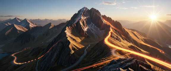 Wall Mural - brightly colored hiking trail and the route of the ascent winds over a mountain and reaches the top 