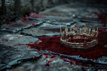 A royal crown sitting on a puddle of blood, suggesting power and violence