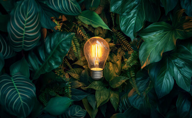 Poster - Illuminated lightbulb amidst lush green tropical leaves.