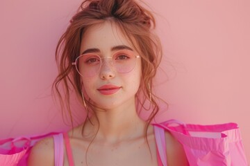 Wall Mural - Woman in Pink Sunglasses Against Pink Background