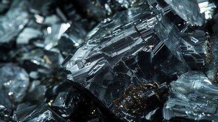 Stunning close-up of a cluster of shiny black crystals. The crystals are perfectly formed and have a beautiful luster.
