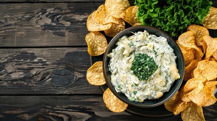 Wall Mural - A close-up overhead shot of a green bowl filled with creamy spinach dip, garnished with fresh basil. Potato chips and garlic cloves are also pictured