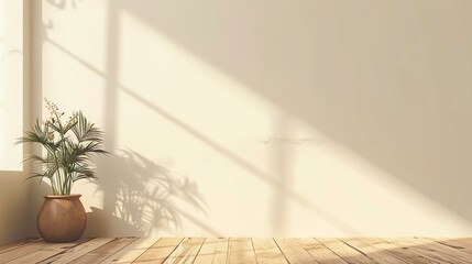Wall Mural - Warm sunlight casts shadows on a neutral wall, creating a peaceful and serene atmosphere.