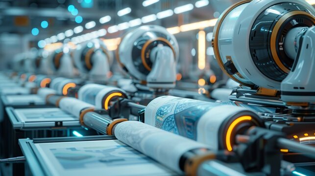 Futuristic Factory Producing Colorful Textiles with Advanced Robots Generative AI