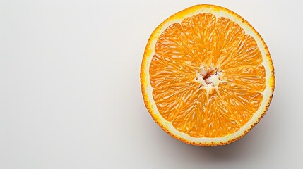 Half of an orange on white background. Flat lay composition with copy space. Citrus and vitamin C concept for design and print