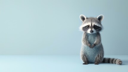 A cute raccoon is standing on its hind legs, looking at the camera with a curious expression.