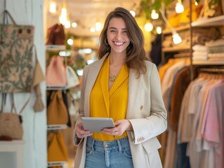 Smiling woman holding a tablet in a modern boutique with clothing and accessories.