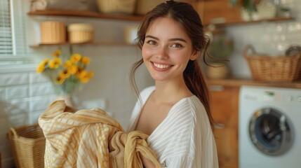 A smiling woman holding a towel while doing laundry in a cozy, rustic kitchen environment with wooden shelves, baskets, and sunflowers in the background.