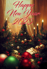 Wall Mural - Greeting card with Happy New Year 2025 sign. Background with Christmas trees, ornaments and candles. Holiday design for greeting card, invitation, cover, calendar, etc. Aspect ratio 2:3