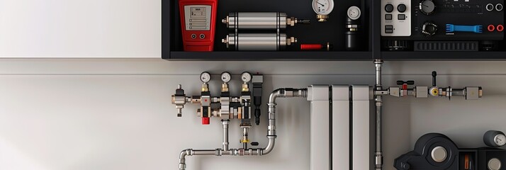 Poster - An installer works on a new heating system, connecting pipes and tools. Generative AI