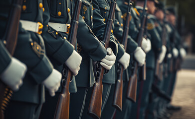 Canvas Print - A line of soldiers in uniform holding rifles, standing at attention.