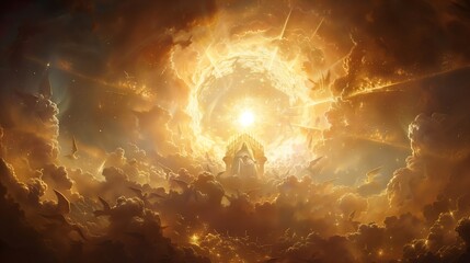 Wall Mural - Majestic depiction of God seated on a golden throne in the heavens, enveloped by a halo of light and attended by angels