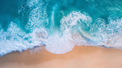 Poster - Aerial view of waves crashing onto a sandy beach with turquoise water.
