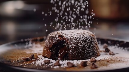 Wall Mural - A decadent chocolate lava cake oozing with molten chocolate and dusted with powdered sugar.