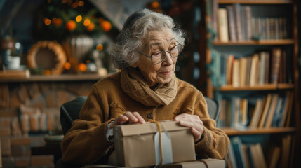 elderly woman stands in front of a bookshelf, holding a gift box in her hands.