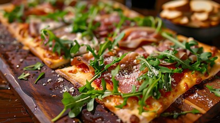 Wall Mural - A gourmet flatbread pizza topped with fresh arugula and prosciutto.