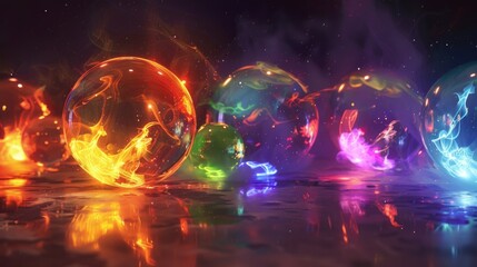 Poster - A group of glowing orbs sitting on a table, useful for futuristic or sci-fi themed projects