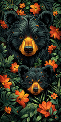 Wall Mural - Illustrated mother bear and cub surrounded by foliage