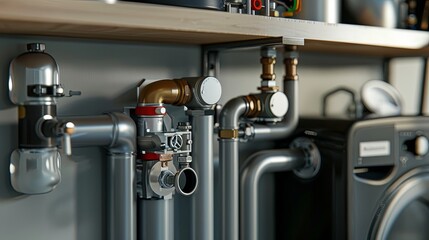 Poster - An installer works on a home heating system installation, with intricate pipes, connectors, and tools visible. Generative AI