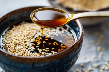 Wall Mural - Use a spoon to grab the sesame oil on top of the seeds