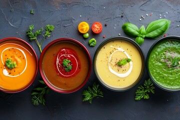 Canvas Print - Various vegetable cream soups on dark background horizontal