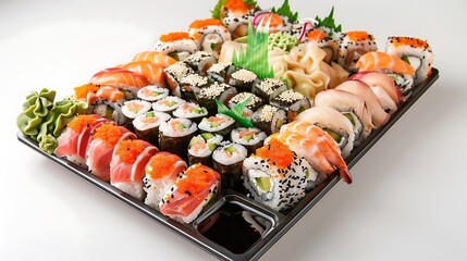 Wall Mural - A platter of assorted sushi rolls with wasabi and soy sauce on the side.
