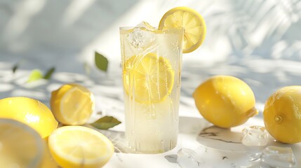 Wall Mural - A refreshing lemonade served in a tall glass with a slice of lemon on the rim.