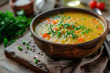 Wall Mural - Vegetable soup with lentils and peas in a bowl on wood board selective focus