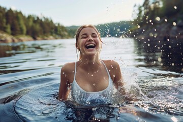 A young woman in a white tank top laughs as she emerges from the water, splashing and creating ripples in a serene lake surrounded by trees