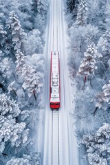 Poster - A train travels through a snowy forest landscape, with trees and branches visible amidst the snowfall