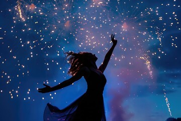 A woman in a dress stands with her arms outstretched, silhouetted against a vibrant night sky filled with fireworks